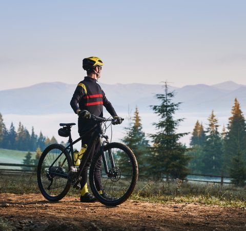 Male cyclist standing with bike with coniferous trees and hills on background. Man bicyclist enjoying bicycle ride in mountains in the morning. Concept of sport, biking and active leisure.